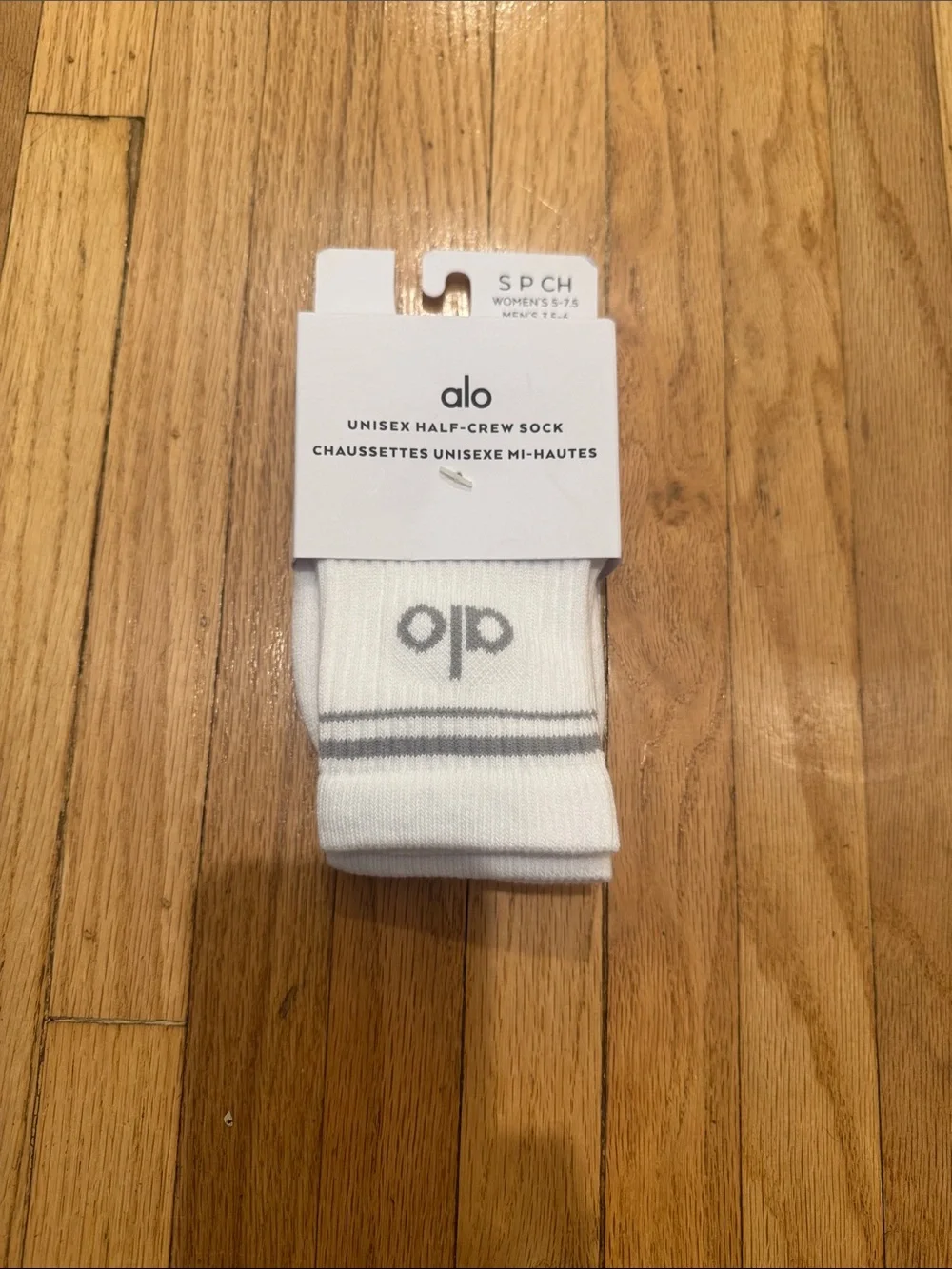 ALO Yoga White Half-Crew Athletic Socks with titanium Logo Stripes size small
